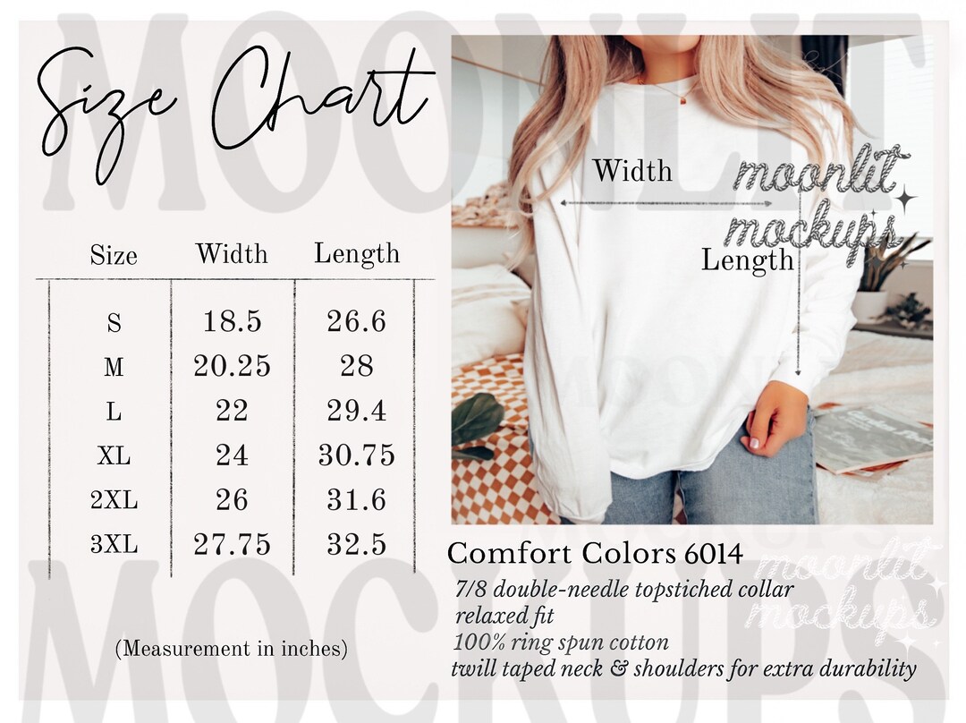 Comfort Colors 6014 Longsleeve T-shirt Size Chart 6014 Mockup ...