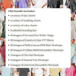 May include: This bundle includes a variety of size charts, washing charts, and colour charts. It also includes 2 editable branding kits, 10 images of 11oz and 15oz white mugs, 20 images of Comfort Colour 1717 shirts, 20 images of Bella Canvas 3001 shirt mockups, 20 images of Gildan 18000 sweatshirt mockups, 3 images of Otto hat mockups, 3 images of natural tote mockups, and 3 images of Colortone sweatshirt mockups.