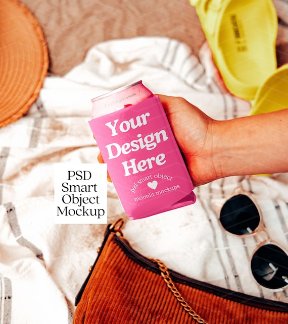 Can Cooler Mockup: Beach Scene, Smart Object PSD Mockup