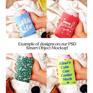 Puede incluir: Cuatro dise&ntilde;os diferentes para una maqueta de enfriador de latas. Los dise&ntilde;os incluyen "Cake Life" en blanco sobre un fondo azul claro, "At the Pool" en blanco sobre un fondo rosa, un dise&ntilde;o de tem&aacute;tica vaquera en verde y blanco, y "Alina's Cute Can Cooler Mock" en rosa sobre un fondo amarillo.