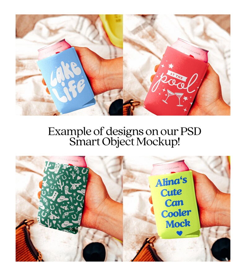 Puede incluir: Cuatro dise&ntilde;os diferentes para una maqueta de enfriador de latas. Los dise&ntilde;os incluyen "Cake Life" en blanco sobre un fondo azul claro, "At the Pool" en blanco sobre un fondo rosa, un dise&ntilde;o de tem&aacute;tica vaquera en verde y blanco, y "Alina's Cute Can Cooler Mock" en rosa sobre un fondo amarillo.