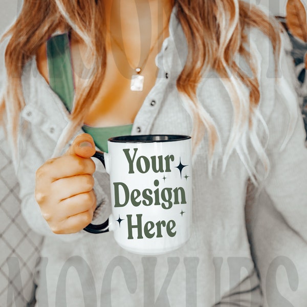 Mug Mockup - Black Accent Handle Mug Mockup - 15oz Coffee Mug Mockup - Mug Mockup - Model Mockup - Cozy Mug Mockup