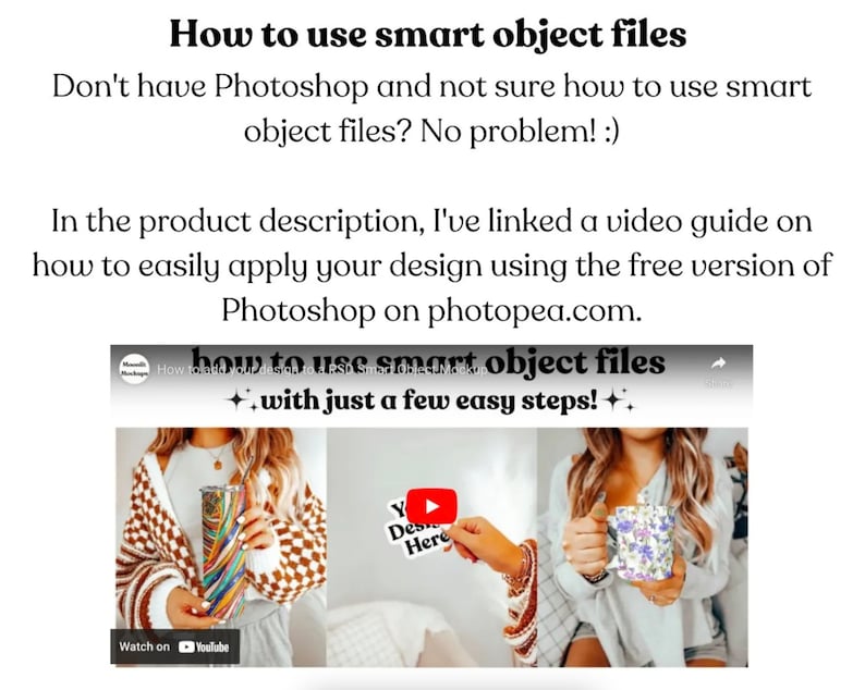 Puede incluir: Una miniatura de v&iacute;deo que muestra a dos personas sosteniendo tazas y vasos. El texto en la miniatura dice "How to use smart object files + with just a few easy steps! +" y "Watch on YouTube".
