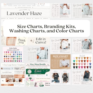 May include: A collage of images showcasing various design templates for Etsy shops. The templates include size charts, branding kits, washing charts, and colour charts. The images feature different styles of clothing, including t-shirts, sweatshirts, and tank tops. The text "Edit in Canva!" appears multiple times throughout the collage.