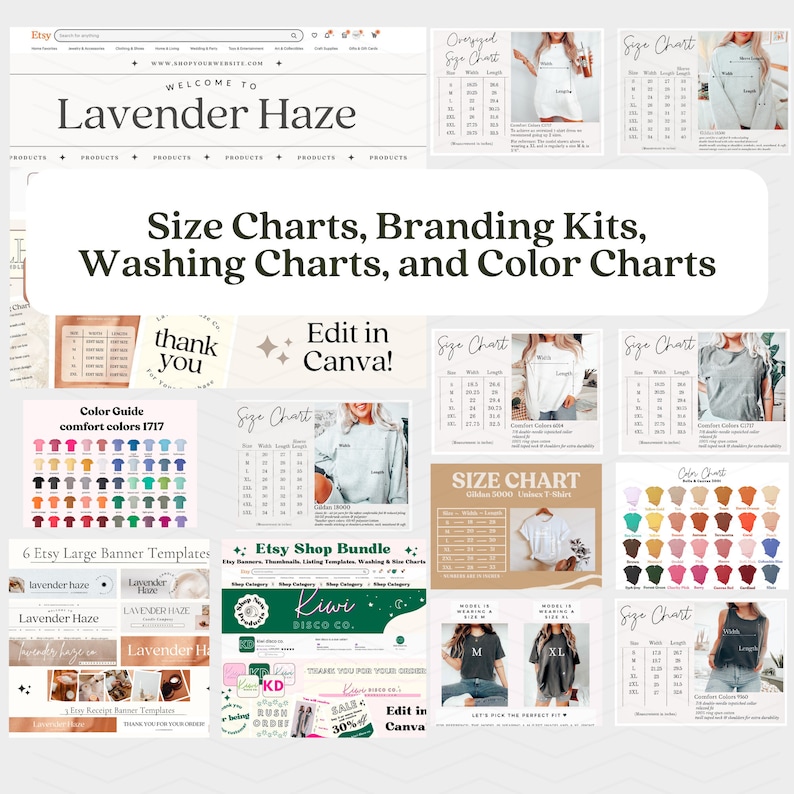 May include: A collage of images showcasing various design templates for Etsy shops. The templates include size charts, branding kits, washing charts, and colour charts. The images feature different styles of clothing, including t-shirts, sweatshirts, and tank tops. The text "Edit in Canva!" appears multiple times throughout the collage.