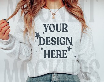 Gildan 18000 Ash Sweatshirt Mockup: Close-Up Model (Digital File)