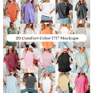 May include: Twenty different colour mockups of a basic t-shirt. The t-shirts are shown on models in various poses and settings. The text "20 Comfort Color 1717 Mockups" is displayed in the centre of the image.