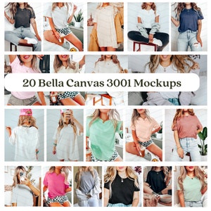 May include: 20 Bella Canvas 3001 Mockups showcasing various models wearing different coloured t-shirts in a range of poses and settings.
