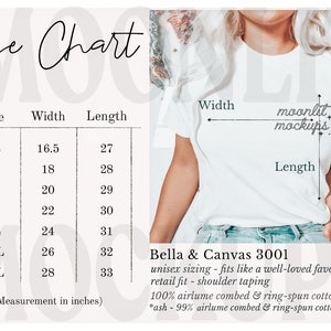 Bella Canvas 3001 Tamaño Gráfico Mockup Camisa- Tamaño Bella Canvas - Tabla de tamaños unisex - Tabla de tamaños