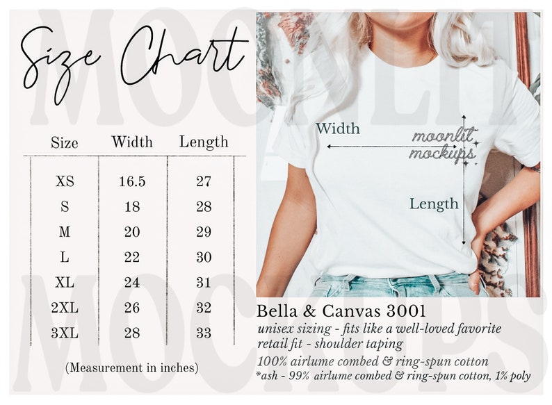 Bella Canvas 3001 Size Chart Mockup Shirt Sizing Bella Canvas - Etsy