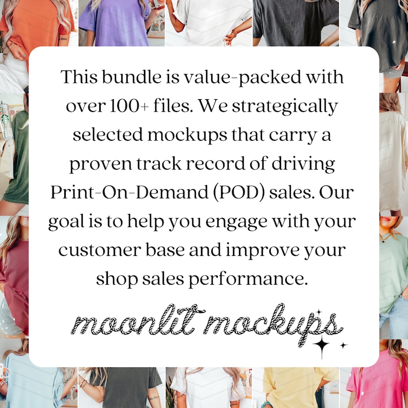 May include: A text overlay on a collage of photos of various t-shirts. The text reads: "This bundle is value-packed with over 100+ files. We strategically selected mockups that carry a proven track record of driving Print-On-Demand (POD) sales. Our goal is to help you engage with your customer base and improve your shop sales performance. moonlit mockups."