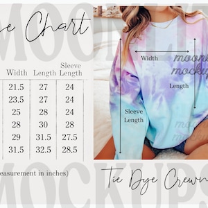 May include: Size chart for a tie dye crewneck sweatshirt. The chart shows measurements in inches for width, length, and sleeve length for sizes S through 3XL.