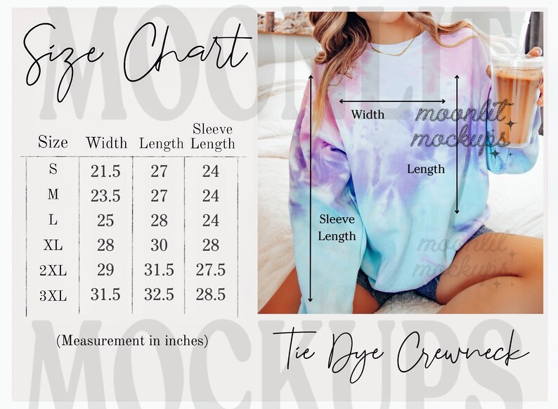 May include: Size chart for a tie dye crewneck sweatshirt. The chart shows measurements in inches for width, length, and sleeve length for sizes S through 3XL.
