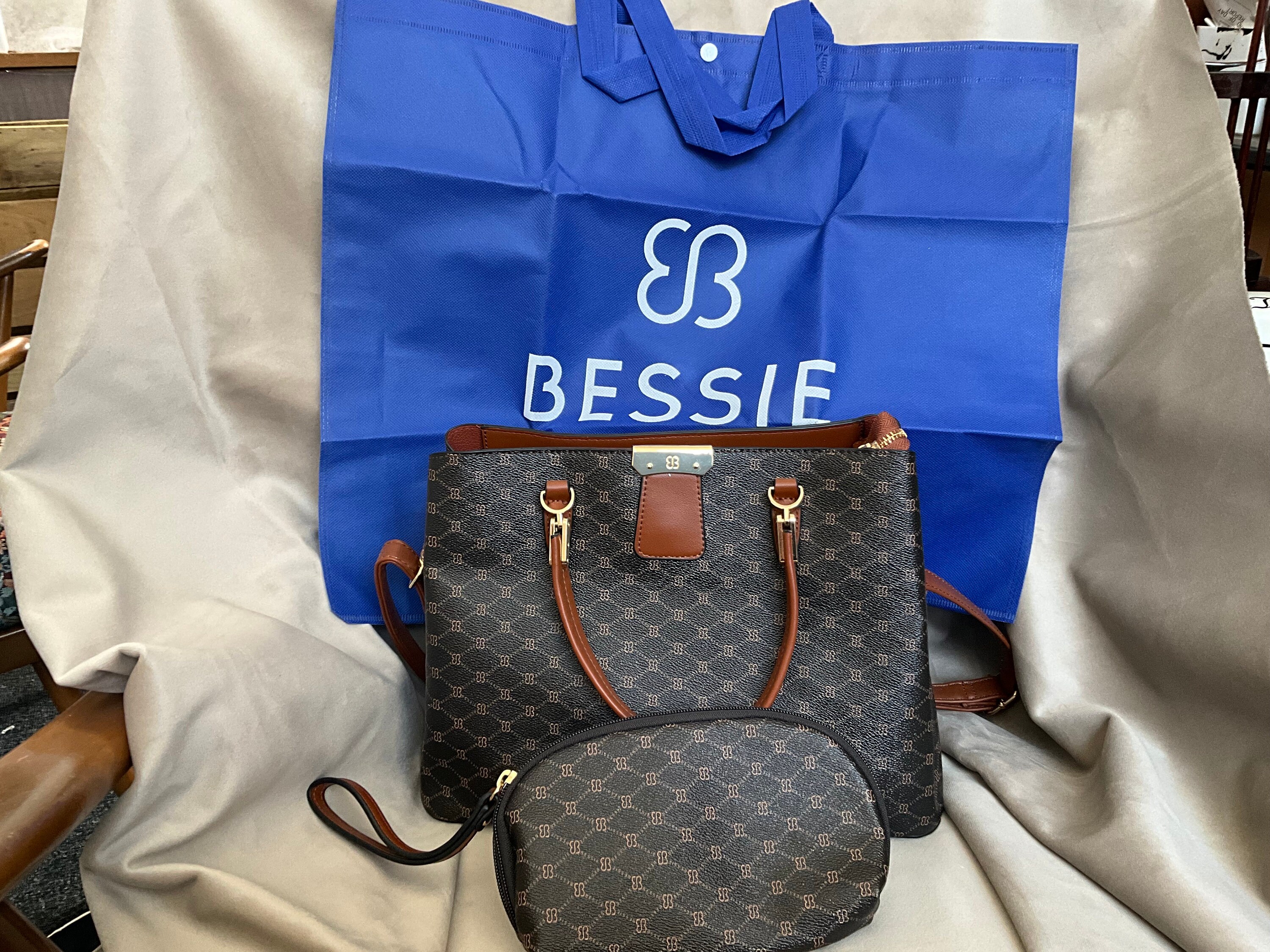 Bessie London Brown Bag cosmetics Bag shopping Bag Double Top Handles Long Handle Etsy