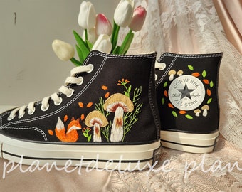 Custom Embroidered Converse High Tops/Personalized Bridal Sneaker/Bridal Flowers Embroidered Sneakers/Mushroom＆Fox Embroidered Sneakers