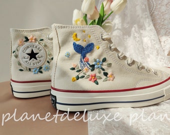 Custom Embroidered Converse High Tops/Personalized Bridal Sneaker/Bridal Flowers Embroidered Sneakers/Whale Tail Embroidery