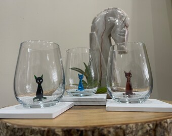 Drinking Glass with Handmade Cat Figurine / Water Glass Cocktail Glass Cute cup easter gift for cat lover cat person / Holiday gift idea