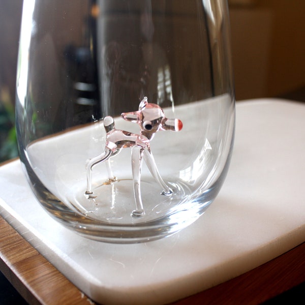 Glass with Bambi Figurine / Water glass Stemless Wine glass Cocktail glass with deer Housewarming gift Animal in cute cup