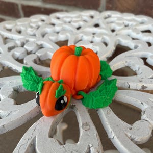 May include: A small, orange pumpkin-shaped turtle figurine with green leaves. The turtle has black eyes and a cute expression.
