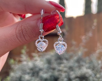 Diamond Encased in a Platinum Heart Dangle Earrings | Valentines Day Earrings