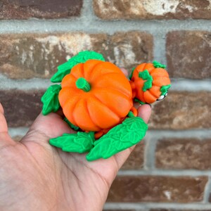 May include: A 3D printed pumpkin turtle figurine with green leaves and an orange pumpkin shell.
