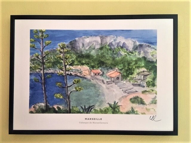 Lithographie Aquarelle Marseille Encadrée calanque de Marseilleveyre