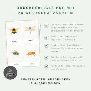 Ein druckfertiges PDF mit 28 Wortschatzkarten, die Insekten wie Hummel, Libelle, Fliege und Grille zeigen. Jede Karte enthält den Namen des Insekts in deutscher Sprache. Ein kreisförmiges Symbol weist auf einen digitalen Download hin.