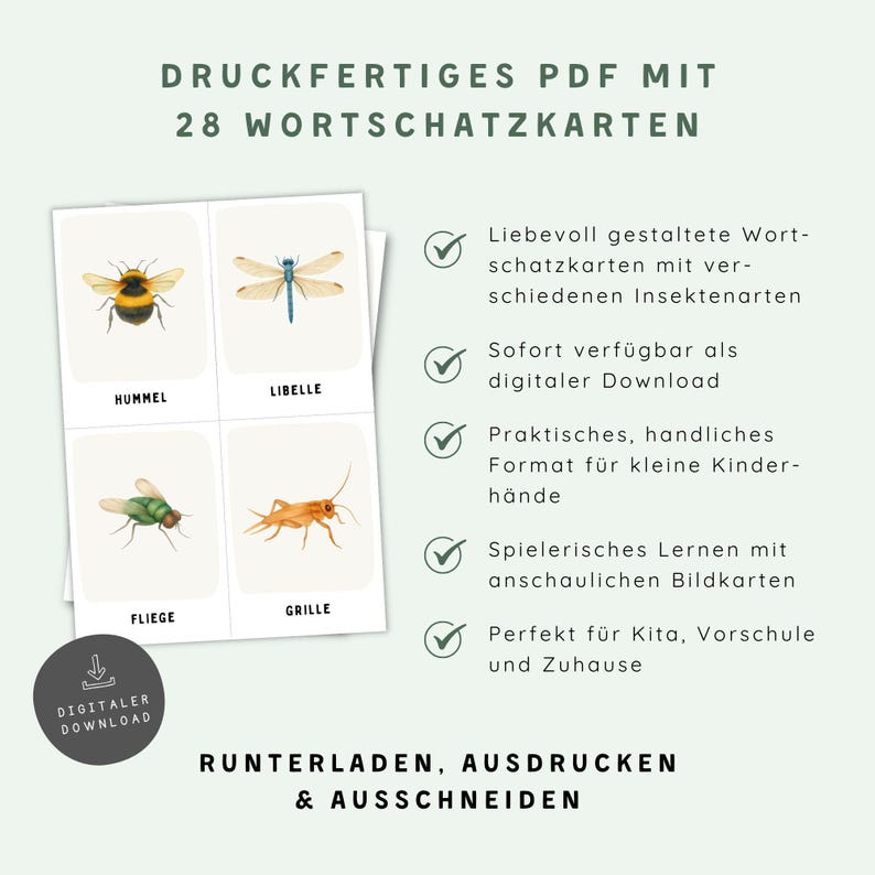 Ein druckfertiges PDF mit 28 Wortschatzkarten, die Insekten wie Hummel, Libelle, Fliege und Grille zeigen. Jede Karte enthält den Namen des Insekts in deutscher Sprache. Ein kreisförmiges Symbol weist auf einen digitalen Download hin.