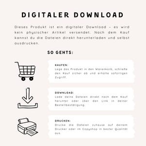 Digitale Download-Anleitung für druckbare Lernkarten und Printables. Infografik erklärt den Ablauf: Kaufen, herunterladen und ausdrucken. Mit Symbolen für Einkaufswagen, Download und Drucker auf hellem Hintergrund.