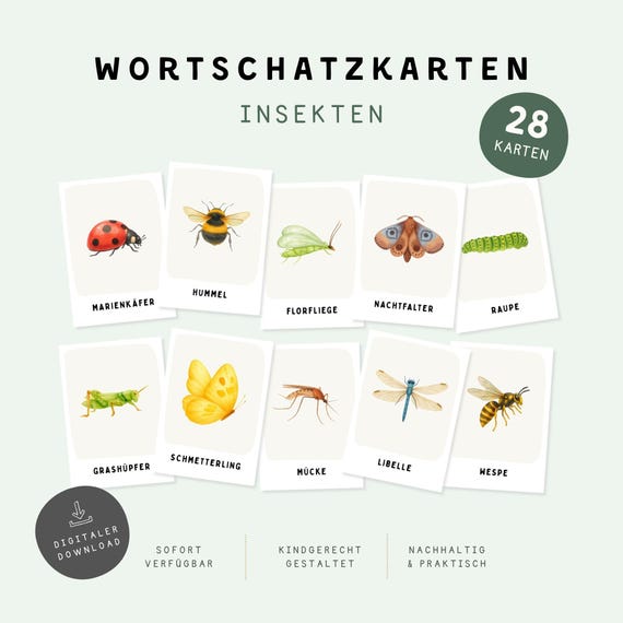 Insekten Wortschatzkarten für Kinder Sommer | Montessori Flashcards | 28 Karten | Insects Printable | Vorschule Lernen | PDF Download