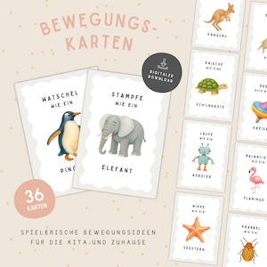 Könnte beinhalten: Ein Set von 36 Bewegungskarten mit Tierillustrationen und deutschem Text. Die Karten zeigen einen Pinguin, Elefanten, Känguru, Schildkröte, Roboter, Seestern, Flamingo und Käfer. Die Karten sind für Kinder konzipiert.