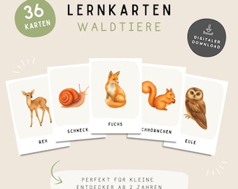 Flashcards met bosdieren voor kinderen | Montessori-flashcards | 36 A6-kaarten | Printbare bosdieren | Leren voor kleuters | PDF-download