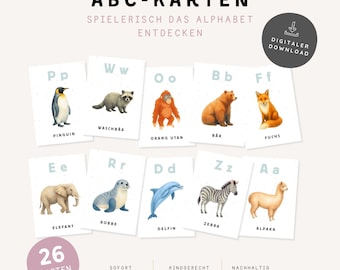 ABC-kaarten met dieren | 26 printbare flashcards van A tot Z | Leer het alfabet | A6-formaat | Kleuterschool en groep 1