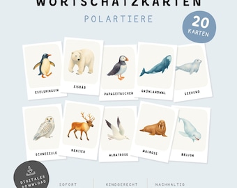 Woordkaartjes met pooldieren voor kinderen | Montessori-flitskaarten | 20 kaartjes | Printbaar materiaal over pooldieren | Leren voor kleuters | PDF-download