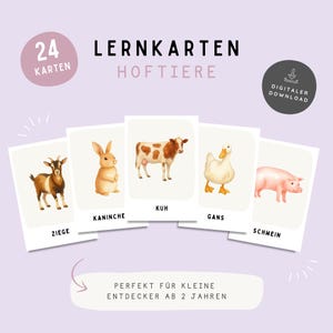 May include: A collection of 24 flashcards with illustrations of farm animals such as a goat, rabbit, cow, duck, and pig. The cards feature German text and are designed for children aged 2 and over. Digital download available.