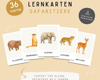 Flashcards met safaridieren voor kinderen | Montessori-flashcards | 36 A6-kaarten | Printbare safaridieren | Leren voor kleuters | PDF-download