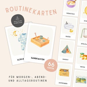 Peut inclure: Téléchargement numérique de cartes de routine. Les cartes présentent des illustrations à l'aquarelle d'activités quotidiennes telles que le coucher, le jeu dans le bac à sable et le petit-déjeuner. Le texte sur les cartes est en allemand. L'ensemble comprend 66 cartes.