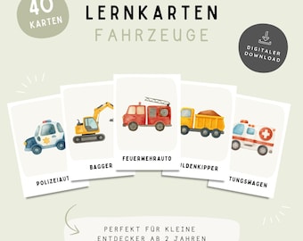 Voertuigen leerkaarten voor kinderen (PDF) – Brandweerwagen & graafmachine, transportkaarten voor peuters en kleuters, 40 A6-kaarten