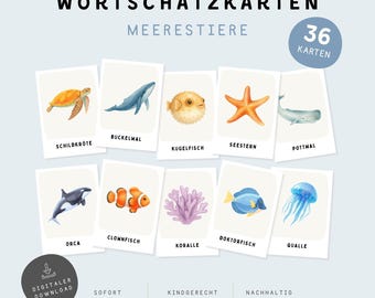 Flashcards met zeedieren voor kinderen | Montessori-flashcards | 36 kaarten | Printbare afbeeldingen van oceaandieren | Leren voor kleuters | PDF-download