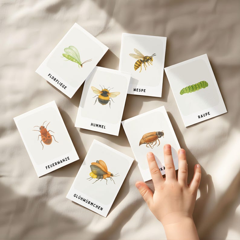 Ein Set aus sieben rechteckigen weißen Lernkarten mit detaillierten Illustrationen verschiedener Insekten und Larven, die jeweils mit ihrem deutschen Namen wie Florfliege, Wespe, Raupe, Feuerwanze, Hummel und Glühwürmchen in schwarzer Schrift beschriftet sind.