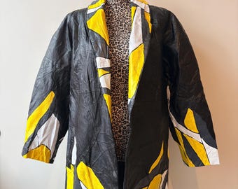 Yellow and grey patchwork hand painted vintage leather jacket