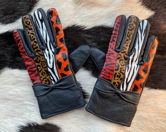 Animal print painted leather vintage gloves