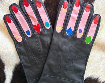 Rings on fingers hand painted vintage leather gloves READY TO SHIP size xl