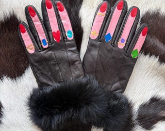 Rings on fingers hand painted vintage leather gloves with fur cuff