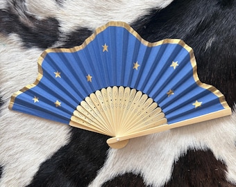 Stars in the sky blue and gold scallop edge hand painted fan