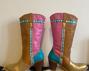 Bottes de cowboy à talons or rose et turquoise