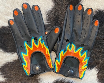 Orange Flames  hand painted vintage leather driving gloves