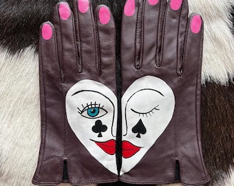Queen of clubs and spades hand painted vintage burgundy leather gloves