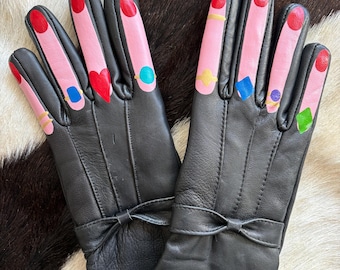 Rings on fingers hand painted vintage leather gloves- DISCOUNTED