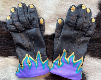 Lilac and gold Flames  hand painted vintage leather gloves